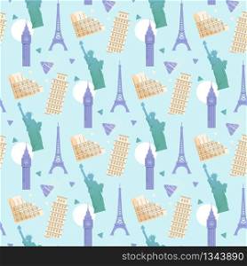 Touristic, Vacation Seamless Pattern with Europe, Unites States Famous Historical, Architecture Attractions, Eiffel, Pisa Falling Tower, Big Ben, Statue of Liberty, Coliseum Flat Vector Illustration