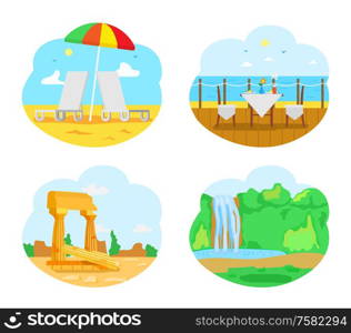 Tourists attractions vector, natural scenery with waterfall and road set. Greenery of forest, ancient civilization ruins, seaside with umbrella and cafe. Nature Scenery, Landscape and Seascape Places