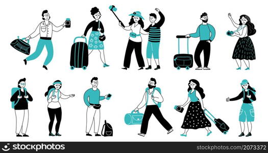 Tourists characters. Travel people, tourist vacation or journey. Person with luggage and backpacks, forest camp adventure decent vector collection. Illustration vacation and journey character. Tourists characters. Travel people, tourist vacation or journey. Person with luggage and backpacks, forest camp adventure decent vector collection