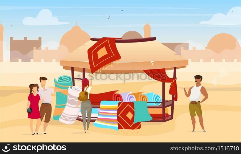Tourists choosing persian rugs flat vector illustration. Eastern outdoor market. Trade awning with carpets on marketplace. Egyptian bazaar faceless cartoon characters with deserts town on background