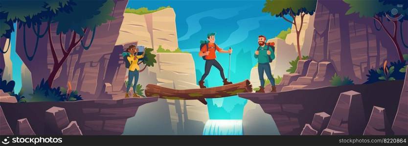Tourists cross log bridge between mountains above cliff in rock peaks landscape with waterfall and trees background. Girl make picture of beautiful scenery nature view, Cartoon vector illustration. Tourists cross log bridge on mountains above cliff