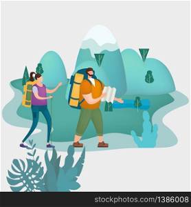 Tourists cute couple in love performing outdoor touristic activity - adventure travel, hiking walking trip. Tourists cute couple in love performing outdoor touristic activity - adventure travel, hiking walking trip tourism sport and recreation backpacking or camping wild nature trekking. Minimal landscape. Pair of tourists, backpackers or friends on trip. Flat cartoon colorful vector illustration