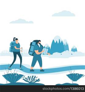 Tourists cute couple in love performing outdoor touristic activity - adventure travel, hiking walking trip. Tourists cute couple in love performing outdoor touristic activity - adventure travel, hiking walking trip tourism sport and recreation backpacking or camping wild nature trekking. Mountain landscape. Pair of tourists, backpackers or friends on trip. Flat cartoon colorful vector illustration