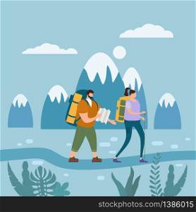Tourists cute couple in love performing outdoor touristic activity - adventure travel, hiking walking trip. Tourists cute couple in love performing outdoor touristic activity - adventure travel, hiking walking trip tourism sport and recreation backpacking or camping wild nature trekking. Mountain landscape. Pair of tourists, backpackers or friends on trip. Flat cartoon colorful vector illustration