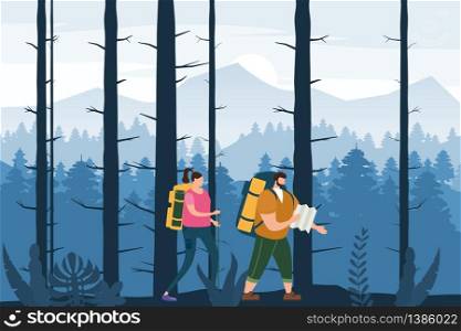Tourists cute couple in love performing outdoor touristic activity - adventure travel, hiking walking trip. Tourists cute couple with map and backpacks performing outdoor touristic activity. Forest trees mountain landscape. Adventure travel, hiking walking trip tourism wild nature trekking. Pair of tourists, backpackers or friends on trip. Flat cartoon colorful vector illustration