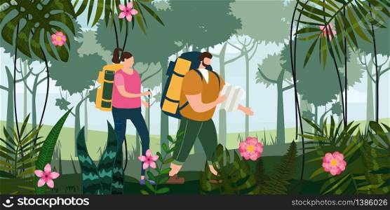 Tourists cute couple in love performing outdoor touristic activity - adventure travel, hiking walking trip. Tourists cute couple with map and backpacks performing outdoor touristic activity. Forest trees mountain landscape. Adventure travel, hiking walking trip tourism wild nature trekking. Pair of tourists, backpackers or friends on trip. Flat cartoon colorful vector illustration