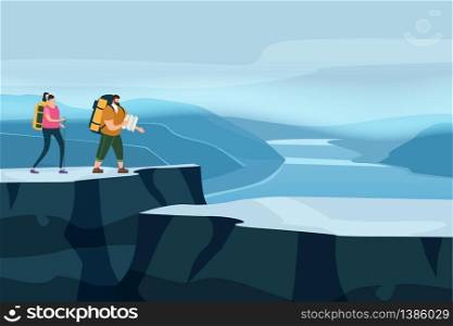 Tourists cute couple in love performing outdoor touristic activity - adventure travel, hiking walking trip. Tourists cute couple with map and backpacks performing outdoor touristic activity. Mountain panorama landscape. Adventure travel, hiking walking trip tourism wild nature trekking. Pair of tourists, backpackers or friends on trip. Flat cartoon colorful vector illustration
