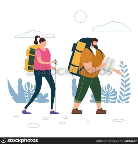 Tourists cute couple in love performing outdoor touristic activity - adventure travel, hiking walking trip. Tourists cute couple with map and backpacks performing outdoor touristic activity. Adventure travel, hiking walking trip tourism wild nature trekking. Flat cartoon colorful vector illustration
