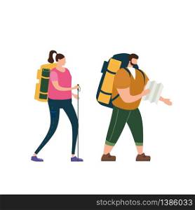 Tourists cute couple in love performing outdoor touristic activity - adventure travel, hiking walking trip. Tourists cute couple with map and backpacks performing outdoor touristic activity. Adventure travel, hiking walking trip tourism wild nature trekking. Flat cartoon colorful vector illustration