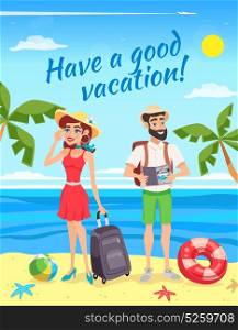 Tourists During Summer Holiday Illustration. Tourists during summer holiday design with man and woman with luggage on sea landscape background vector illustration