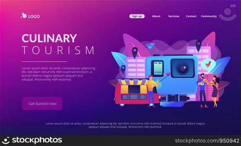 Tourists eat and like local cuisine, taking selfies and action camera. Culinary tourism, authentic food experience, food exploring tourism concept. Website vibrant violet landing web page template.. Culinary tourism concept landing page.