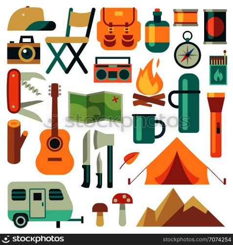 Tourists equipment and travel accessories vector set. Forest camping and hiking flat elements. Equipment for hiking outdoor adventure, camp and backpack illustration. Tourists equipment and travel accessories vector set. Forest camping and hiking flat elements