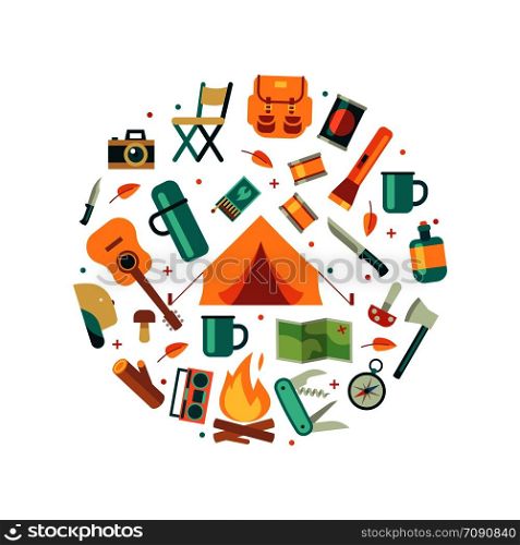 Tourists equipment, travel and hiking accessories icons round concept. Vector illustration. Tourists equipment, travel and hiking icons concept