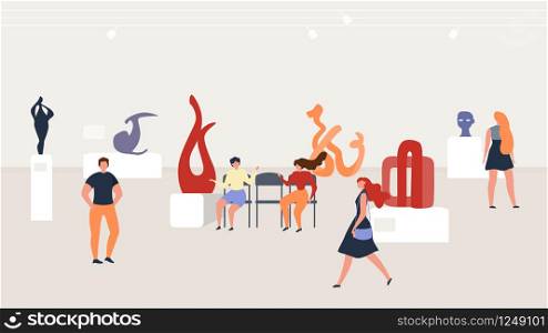 Tourists, Gallery or Museum Visitors Looking and Discussing Exhibition of Contemporary Art Abstract Sculptures, Visual Performance Standing on Pedestals in Art Exposition Hall Flat Vector Illustration