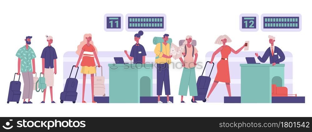 Tourists group, passengers travellers luggage checking in airport. People walking airport security detection vector illustration. Travel airport concept. Character at desk with baggage. Tourists group, passengers travellers luggage checking in airport. People walking airport security detection vector illustration. Travel airport concept