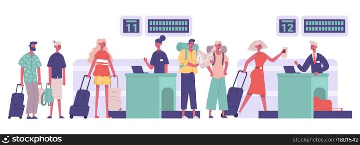 Tourists group, passengers travellers luggage checking in airport. People walking airport security detection vector illustration. Travel airport concept. Character at desk with baggage. Tourists group, passengers travellers luggage checking in airport. People walking airport security detection vector illustration. Travel airport concept