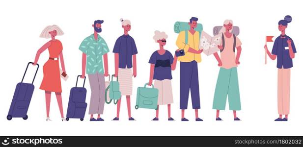Tourists group visitors explore interesting places with guide. Male and female tourists new city excursion vector illustration. International tourists group with luggage having trip. Tourists group visitors explore interesting places with guide. Male and female tourists new city excursion vector illustration. International tourists group