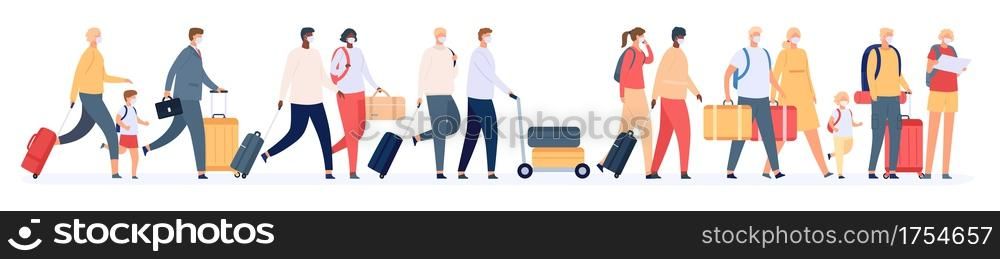 Tourists group with suitcases. Traveling families crowd with luggage in airport queue. People in masks in tour. Safe vacation vector concept. Illustration travel character with suitcase and backpack. Tourists group with suitcases. Traveling families crowd with luggage in airport queue. People in masks in tour. Safe vacation vector concept