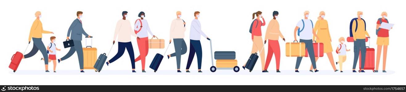 Tourists group with suitcases. Traveling families crowd with luggage in airport queue. People in masks in tour. Safe vacation vector concept. Illustration travel character with suitcase and backpack. Tourists group with suitcases. Traveling families crowd with luggage in airport queue. People in masks in tour. Safe vacation vector concept