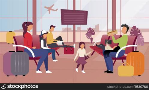 Tourists in airport flat vector illustration. Passengers in waiting room expecting departure, boarding cartoon characters. Travellers with luggage having snack, reading book, children playing games