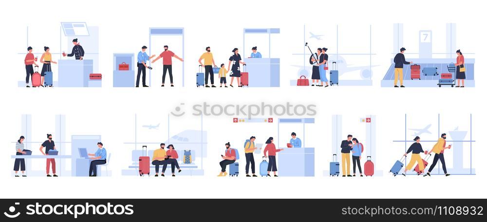 Tourists in airport. People waiting for plane in terminal, tourist characters receive passport control, pass luggage inspection or get luggage vector illustration set. Passengers before departure. Tourists in airport. People waiting for plane in terminal, tourist characters receive passport control, pass luggage inspection or get luggage vector illustration set. Travelers with suitcases