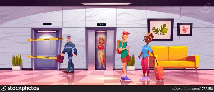 Tourists in hotel hallway with broken lift and repairman with instruments ready to fix breakage. Traveler girl with map enter elevator, characters communicate in lobby, Cartoon vector illustration. Tourists in hotel hallway with broken lift, lobby