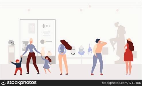 Tourists Looking on Medieval Knight Armor, Antique Sculptures, Prehistoric Human Tools Exposition in History Museum Hall Flat Vector Illustration. Ancient Culture Artifacts, Archeology Exhibition