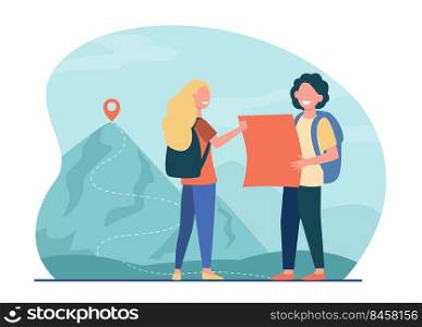 Tourists man and woman hiking in mountains with map and backpacks. Travelers adventure flat vector illustration. Leisure activity, tourism, travel concept for website design or landing web page