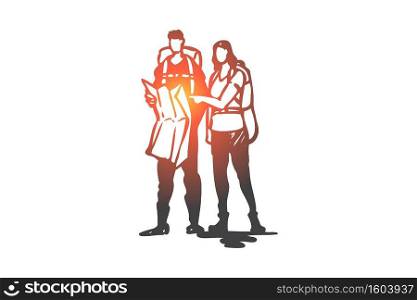 Tourists, map, travel, route, journey concept. Hand drawn man and woman traveling together concept sketch. Isolated vector illustration.. Tourists, map, travel, route, journey concept. Hand drawn isolated vector.