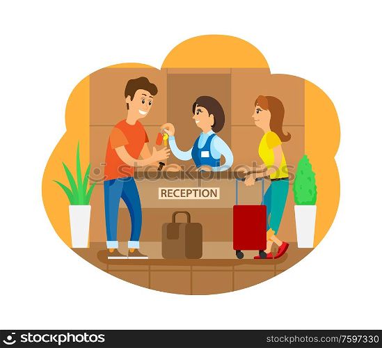 Tourists on reception vector, man and woman standing by counter with baggage. Couple traveling together, accomodation in hotel, guest house receptionist. Hotel Reception Receptionists Checking In Tourists