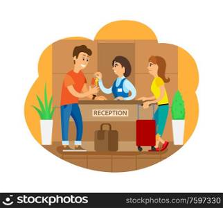 Tourists on reception vector, man and woman standing by counter with baggage. Couple traveling together, accomodation in hotel, guest house receptionist. Hotel Reception Receptionists Checking In Tourists