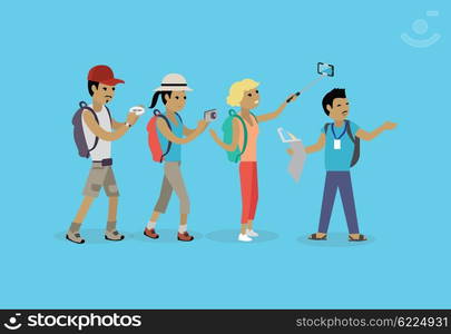 Tourists people group flat style. Travel and tourist group, tour and tourist isolated guide, vacation and tourist people summer leisure vector illustration. Group of tourists