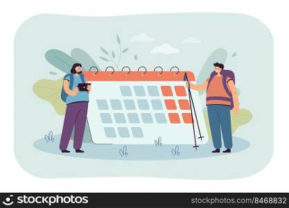 Tourists planning hiking trip in front of big calendar. Couple with backpacks going on vacation flat vector illustration. Outdoor activity, traveling concept for banner, website design or landing page
