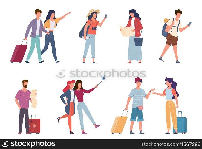 Tourists. Seasonal recreation, travelling people with baggage, backpacks, bags and suitcases, vacation families and couple taking photo, travelers on excursion or in airport vector flat characters. Tourists. Seasonal recreation, travelling people with baggage, backpacks, bags and suitcases, vacation families and couple taking photo, travelers on excursion, in airport vector characters