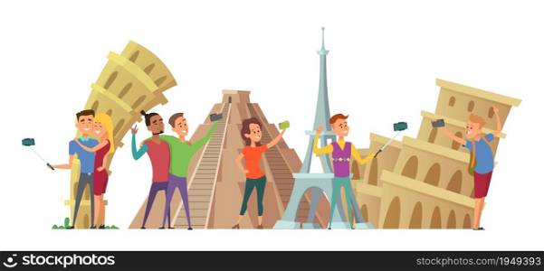 Tourists selfie. People make phone photos on vacations. Popular european landmarks, man woman couples vector concept. Tourist on vacation, couple cartoon photographing illustration. Tourists selfie. People make phone photos on vacations. Popular european landmarks, man woman couples vector concept
