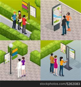 Tourists Street Map 4 Icons. Outdoor city streets plan visitors guides and maps for tourists 4 isometric icons set isolated vector illustration