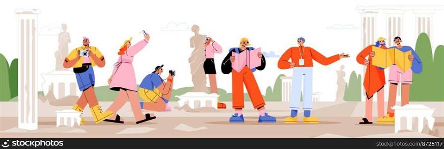 Tourists travel, excursion with guide. People group with backpacks, map and photo cameras traveling, characters visiting sightseeing and landmarks in abroad trip, Line art flat vector illustration. Tourists travel, excursion with guide abroad trip