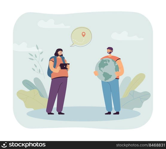 Tourists using navigation app in tablet or navigator with map. Woman and man exploring globe flat vector illustration. Travel, tourism concept concept for banner, website design or landing web page. Tourists using navigation app in tablet or navigator with map