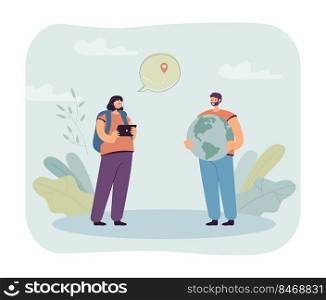 Tourists using navigation app in tablet or navigator with map. Woman and man exploring globe flat vector illustration. Travel, tourism concept concept for banner, website design or landing web page. Tourists using navigation app in tablet or navigator with map