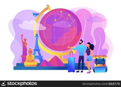 Tourists visiting Europe, America, Asia. Sightseeing tour for family vacation. Romantic couple enjoying worldwide journey, honeymoon. Traveling the world concept vector illustration. Traveling the world concept vector illustration