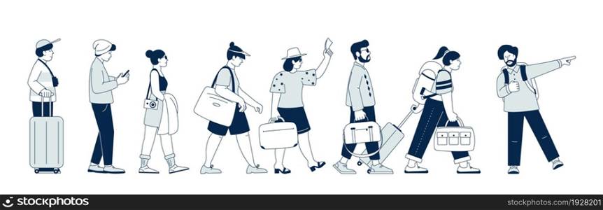 Tourists walking. Businessman travel, people walk with suitcase. Family travelling, person on airport. Isolated journey vector characters. Young tourist with suitcase going to vacation illustration. Tourists walking. Young businessman travel, people walk with suitcase. Family travelling, person on airport. Isolated group journey recent vector characters