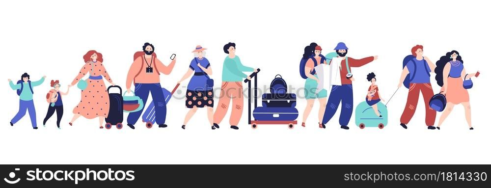Tourists walking. Happy girl, travel people walk with suitcases. Airport passengers crowd run, family journey decent luggage vector concept. Illlustration tourism couple, trip vacation airport. Tourists walking. Happy girl, travel people walk with suitcases. Airport passengers crowd run, family journey decent luggage vector concept
