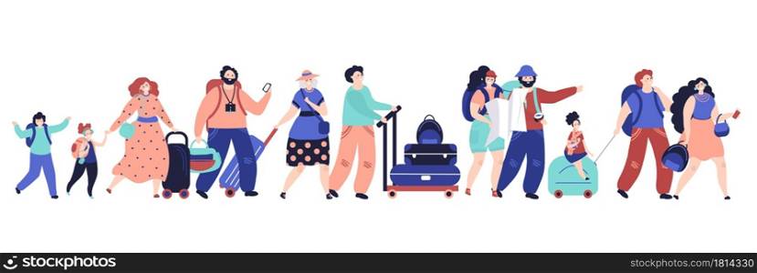 Tourists walking. Happy girl, travel people walk with suitcases. Airport passengers crowd run, family journey decent luggage vector concept. Illlustration tourism couple, trip vacation airport. Tourists walking. Happy girl, travel people walk with suitcases. Airport passengers crowd run, family journey decent luggage vector concept