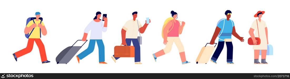 Tourists walking. Happy young tourist, travel airport queue. Woman man with suitcase bag luggage. Flat adult touristic vector characters. Illustration boarding line and queue, people with baggage. Tourists walking. Happy young tourist, travel airport queue. Woman man with suitcase bag luggage. Flat adult touristic group utter vector characters