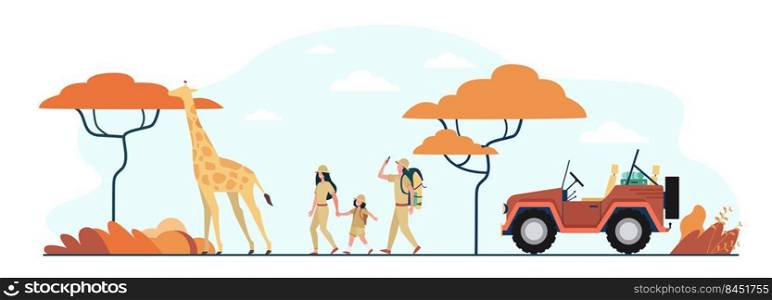 Tourists walking in African savannah. Family cartoon characters, jeep, giraffe, landscape with trees. Vector illustration for adventure travel, tour in Africa concept
