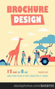 Tourists walking in African savannah. Family cartoon characters, jeep, giraffe, landscape with trees. Vector illustration for adventure travel, tour in Africa concept