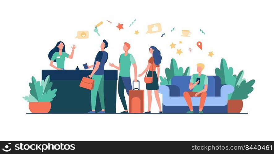 Tourists with bags checking in at hotel. Queue of people standing at reception desk in hotel lobby. Vector illustration for travel, business, tourism concept