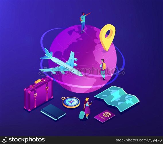 Tourists with suitcase and backpacks travelling around the globe by plane. Global travelling, trip around the world, international tourism concept. Ultraviolet neon vector isometric 3D illustration.. Global travelling isometric 3D concept illustration.