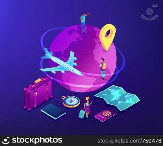 Tourists with suitcase and backpacks travelling around the globe by plane. Global travelling, trip around the world, international tourism concept. Ultraviolet neon vector isometric 3D illustration.. Global travelling isometric 3D concept illustration.