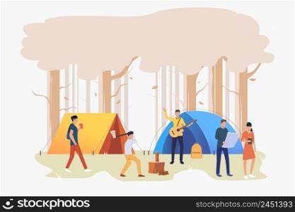 Tourists with tents at campsite vector illustration. Outdoor weekend, camping, hiking. Tourism concept. Design for website templates, posters, banners